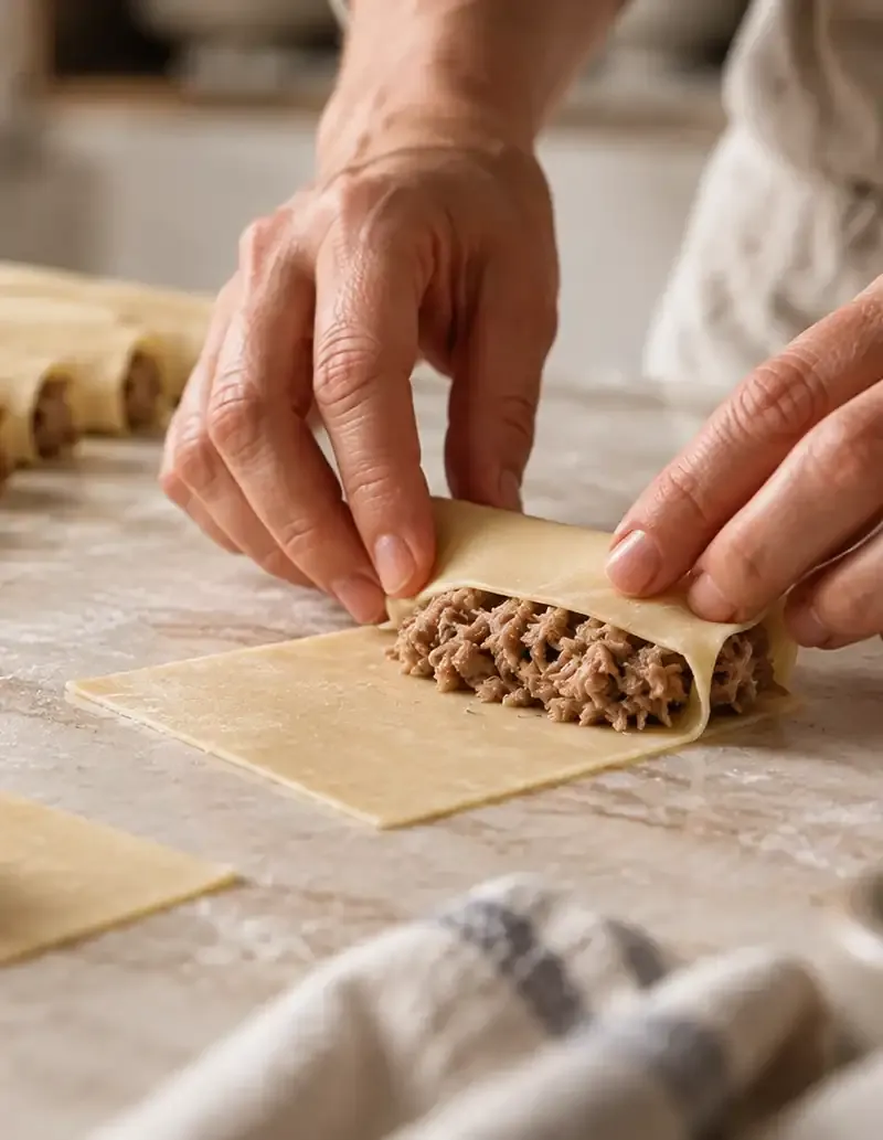 Manos enrollando canelones caseros